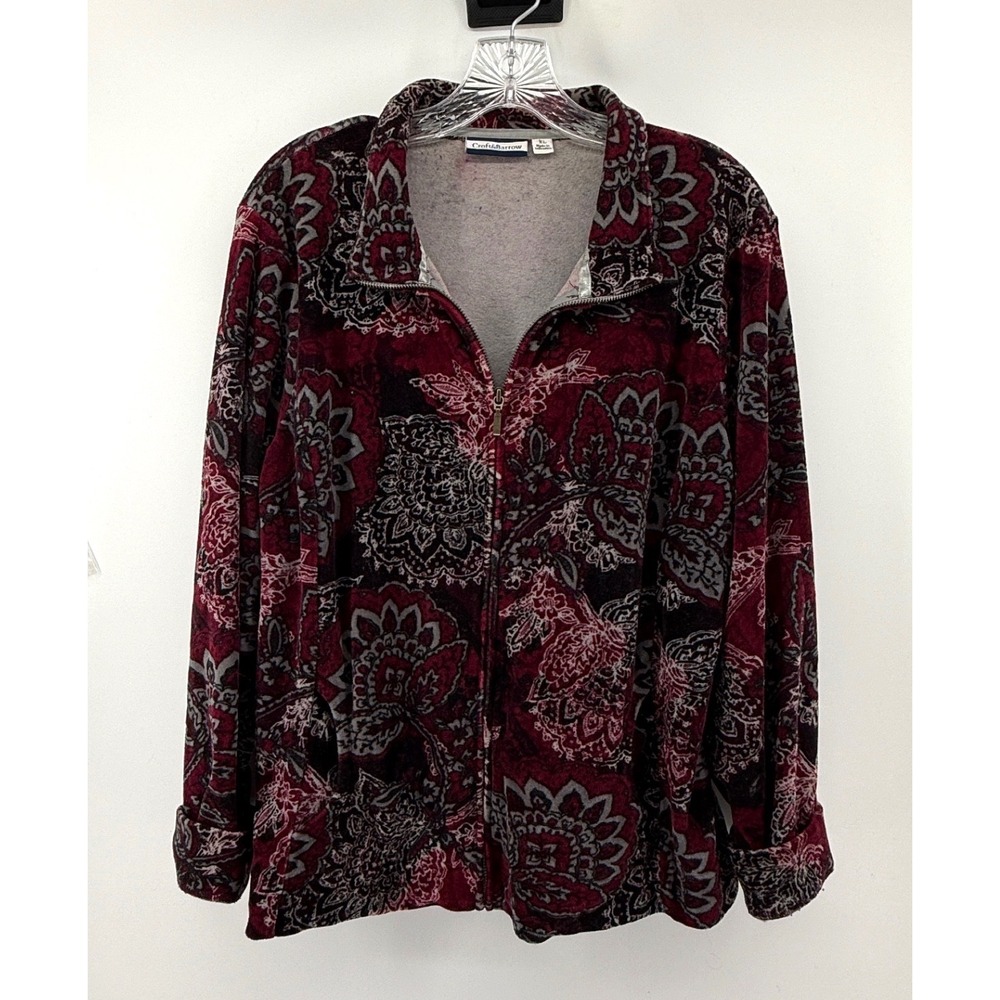 Croft & Barrow Womens XL Paisley Floral Full Zip Jacket Burgundy Velour Cozy